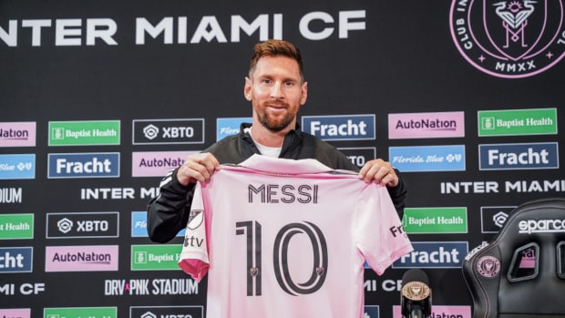 Lionel Messi at an Inter Miami CF press conference ahead of the Leagues Cup Final.